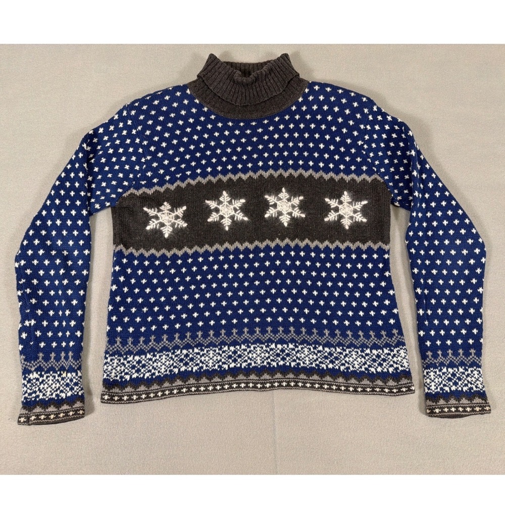 Paul Harris Design Womens Small Blue Snowflake Nordic Turtleneck Sweater Knit S